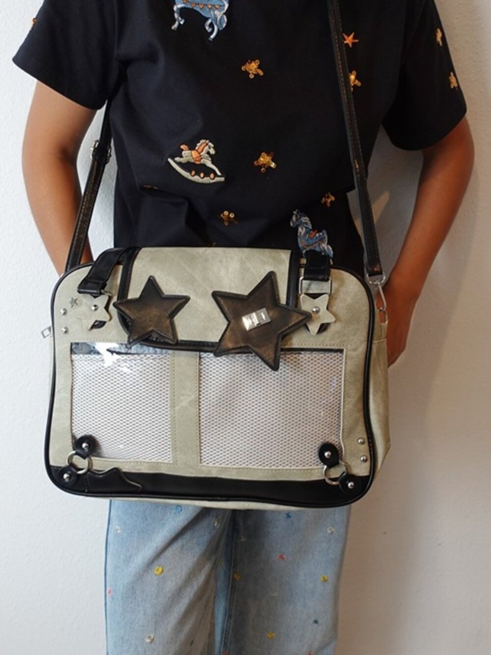 CREAM Large Y2K Ita Bag Crossbody, Vegan Leather Pin Display Shoulder Bag Itabag